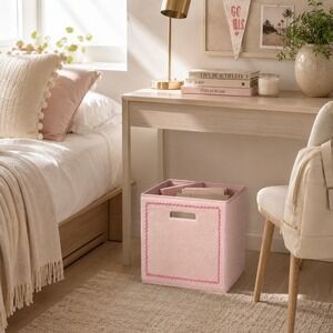 Teen Home Pink Faux Fur 11" Knock Down Storage Bin Cube Ric-Rac Trim NEW 2 Pack